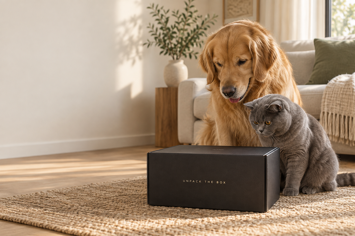 Sfeerconcept voor de huisdierenbox: een hond en kat naast een gesloten zwarte box. Geen weergave van bevestigde inhoud.
