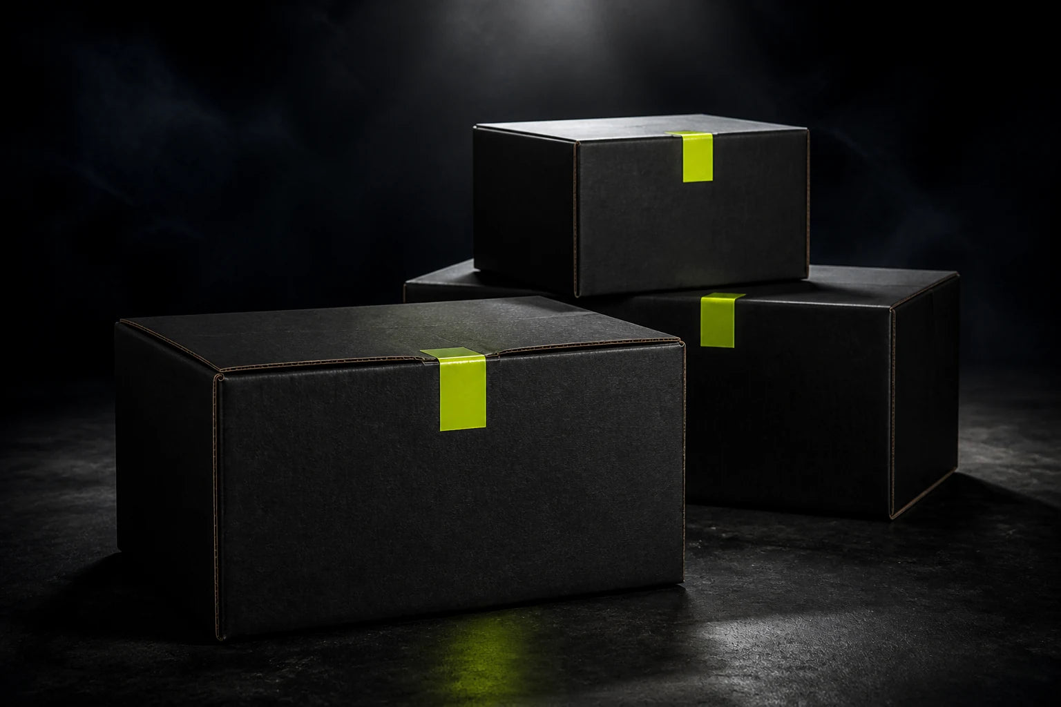 Drie verzegelde zwarte Septemberboxen